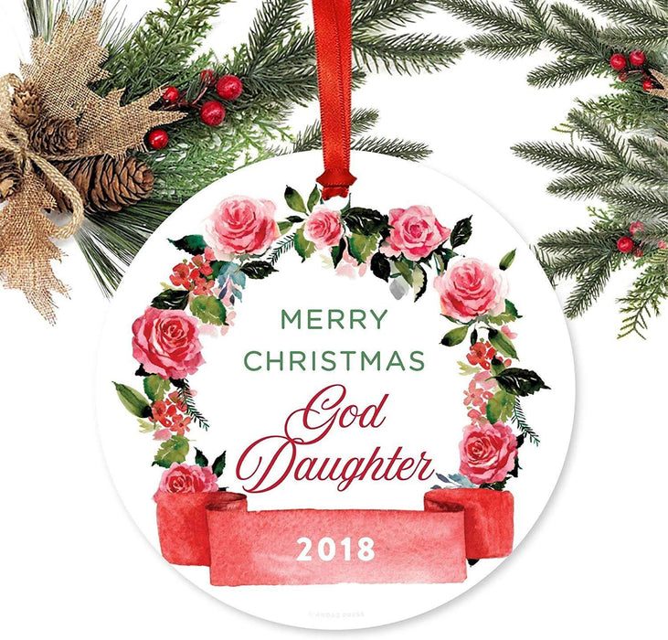 Metal Christmas Ornament, Merry Christmas Goddaughter, Custom Year, Red Flowers Banner-Set of 1-Andaz Press-