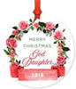 Metal Christmas Ornament, Merry Christmas Goddaughter, Custom Year, Red Flowers Banner-Set of 1-Andaz Press-