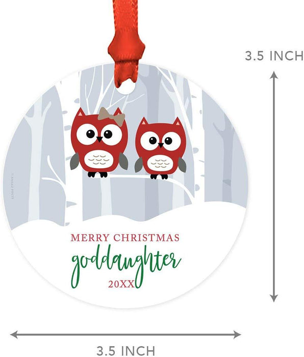 Metal Christmas Ornament, Merry Christmas Goddaughter, Custom Year, Red Holiday Woodland Owls-Set of 1-Andaz Press-