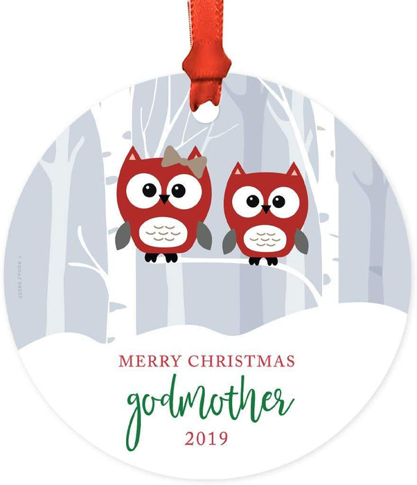 Metal Christmas Ornament, Merry Christmas Godmother, Custom Year, Red Holiday Woodland Owls-Set of 1-Andaz Press-