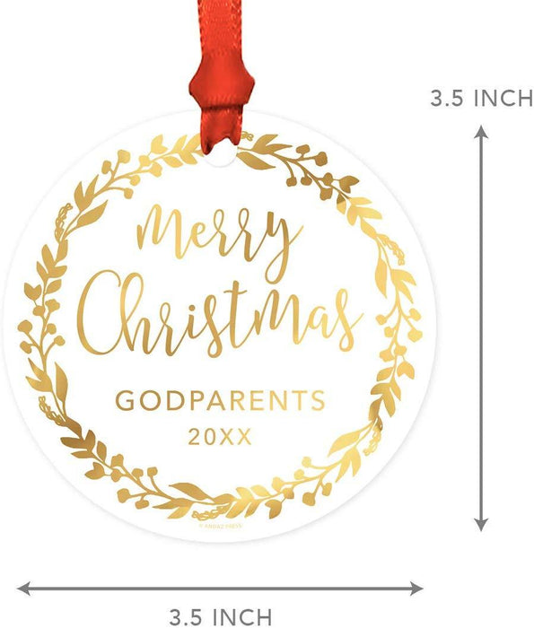 Metal Christmas Ornament, Merry Christmas Godparents, Custom Year, Gold Holiday Wreath-Set of 1-Andaz Press-