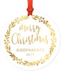 Metal Christmas Ornament, Merry Christmas Godparents, Custom Year, Gold Holiday Wreath-Set of 1-Andaz Press-