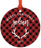 Metal Christmas Ornament, Merry Christmas Godson, Custom Year, Deer Antlers Country Lumberjack Buffalo Red Plaid-Set of 1-Andaz Press-