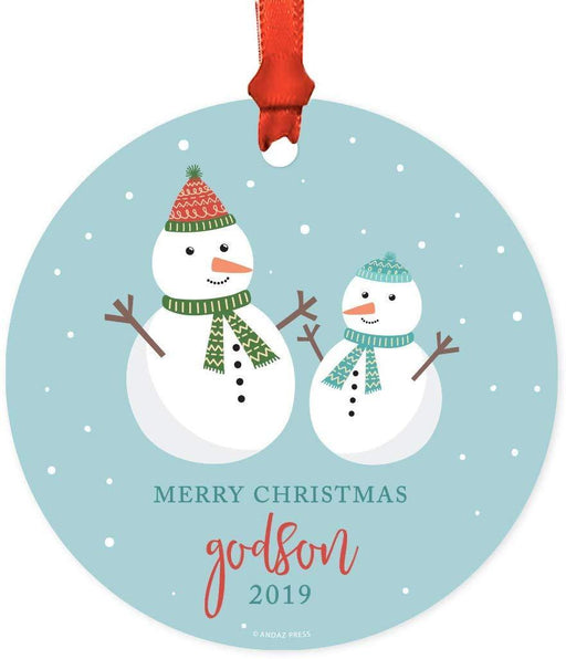 Metal Christmas Ornament, Merry Christmas Godson, Custom Year, Holiday Snowman-Set of 1-Andaz Press-