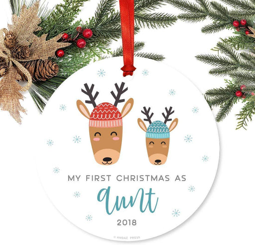 Metal Christmas Ornament, My First Christmas As Aunt, Custom Year, Holiday Reindeer Snowflakes-Set of 1-Andaz Press-