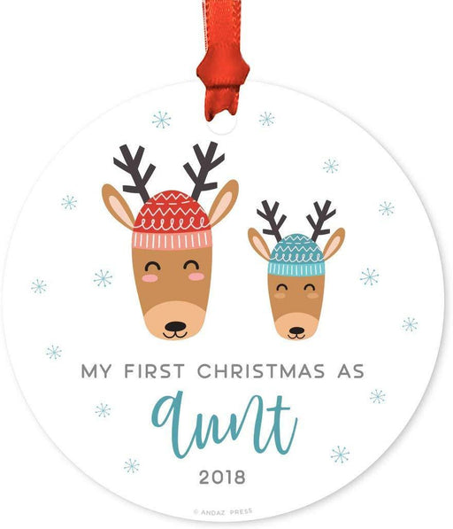 Metal Christmas Ornament, My First Christmas As Aunt, Custom Year, Holiday Reindeer Snowflakes-Set of 1-Andaz Press-