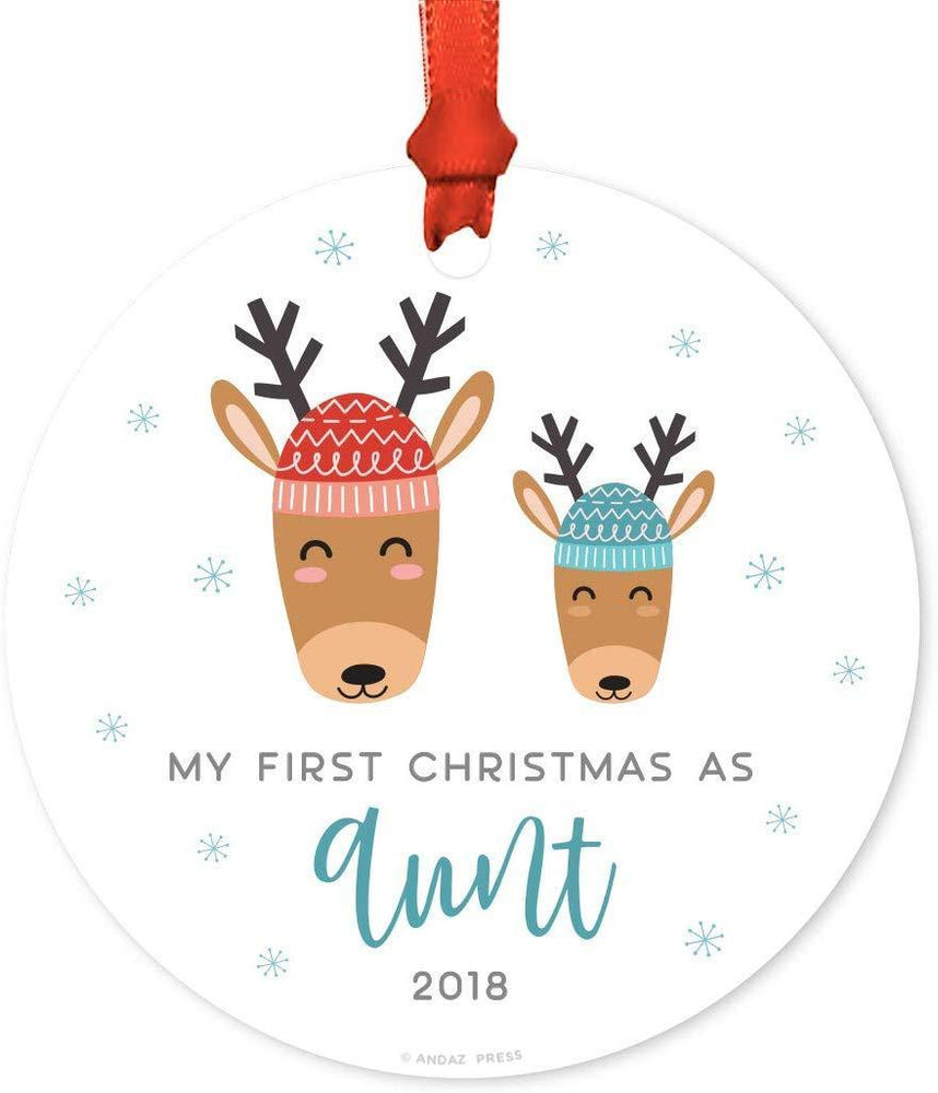 Metal Christmas Ornament, My First Christmas As Aunt, Custom Year, Holiday Reindeer Snowflakes-Set of 1-Andaz Press-