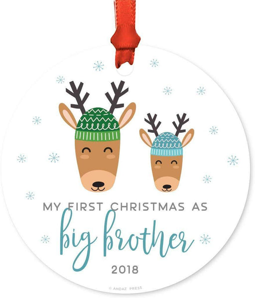 Metal Christmas Ornament, My First Christmas As Big Brother, Custom Year, Holiday Reindeer Snowflakes-Set of 1-Andaz Press-