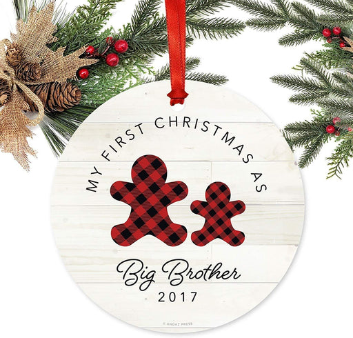 Metal Christmas Ornament, My First Christmas As Big Brother, Custom Year, Lumberjack Buffalo Red Plaid-Set of 1-Andaz Press-