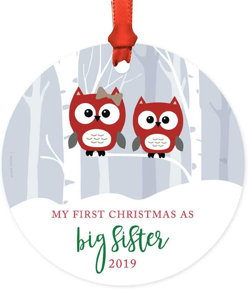 Metal Christmas Ornament, My First Christmas As Big Sister, Custom Year, Red Holiday Woodland Owls-Set of 1-Andaz Press-