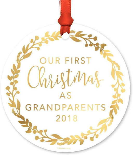 Metal Christmas Ornament, Our First Christmas As Grandparents, Custom Year, Gold Holiday Wreath-Set of 1-Andaz Press-