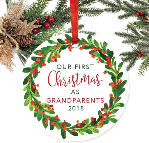 Metal Christmas Ornament, Our First Christmas As Grandparents, Custom Year, Red Green Holiday Wreath-Set of 1-Andaz Press-