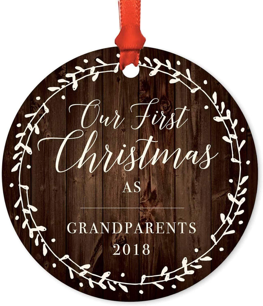 Metal Christmas Ornament, Our First Christmas As Grandparents, Custom Year, Rustic Wood Florals-Set of 1-Andaz Press-