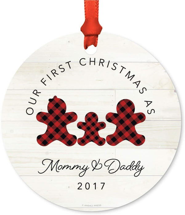 Metal Christmas Ornament, Our First Christmas As Mommy and Daddy, Custom Year, Lumberjack Buffalo Red Plaid-Set of 1-Andaz Press-