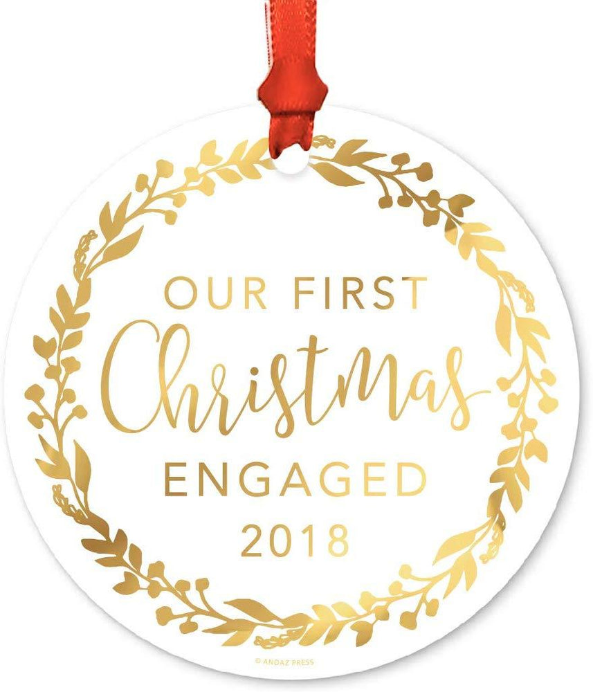 Metal Christmas Ornament, Our First Christmas Engaged, Custom Year, Gold Holiday Wreath-Set of 1-Andaz Press-