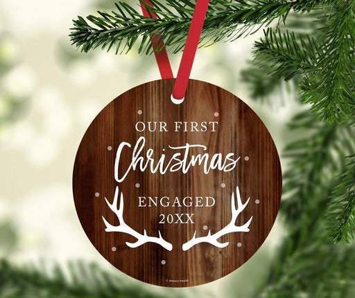 Metal Christmas Ornament, Our First Christmas Engaged, Custom Year, Rustic Wood-Set of 1-Andaz Press-