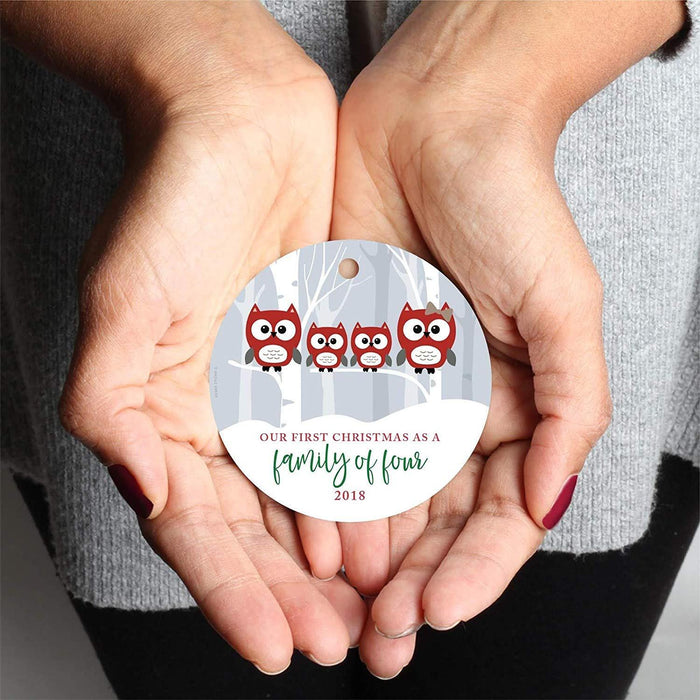 Metal Christmas Ornament, Our First Christmas as a of Four, Custom Year, Red Holiday Woodland Owls-Set of 1-Andaz Press-