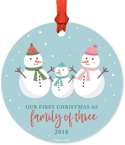 Metal Christmas Ornament, Our First Christmas as a of Three, Custom Year, Holiday Snowman-Set of 1-Andaz Press-