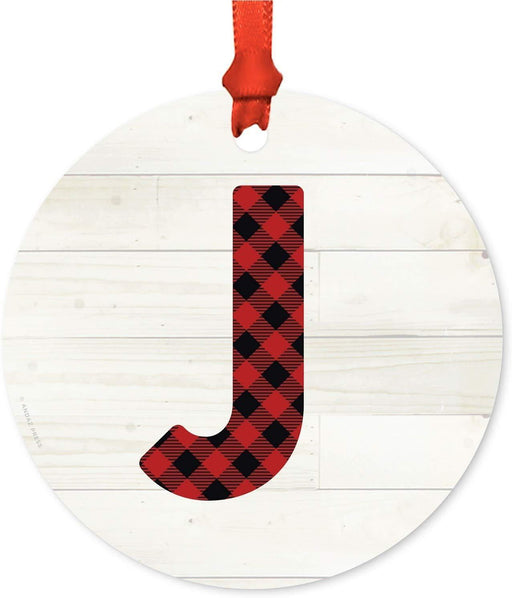 Metal Christmas Ornament, Red Plaid Monogram Letter J-Set of 1-Andaz Press-