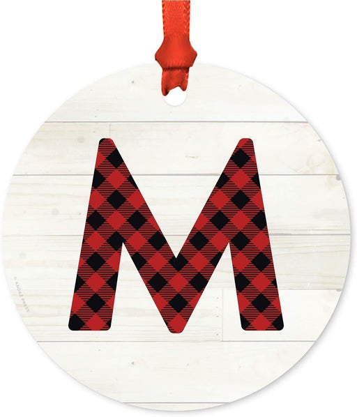 Metal Christmas Ornament, Red Plaid Monogram Letter M-Set of 1-Andaz Press-