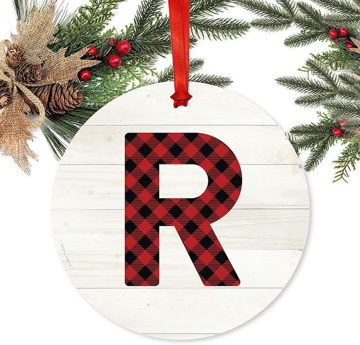 Metal Christmas Ornament, Red Plaid Monogram Letter R-Set of 1-Andaz Press-