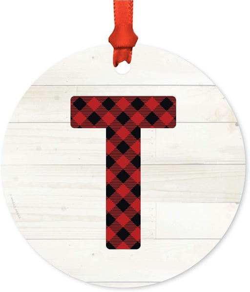 Metal Christmas Ornament,Red Plaid Monogram Letter T-Set of 1-Andaz Press-