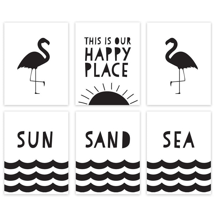 Minimalist Scandinavian Black White Theme Nursery Room Wall Art-Set of 6-Andaz Press-Beach Theme, Sun Sand Sea, Flamingos, Happy Place-