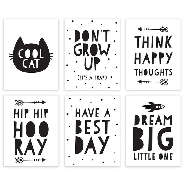 Minimalist Scandinavian Black White Theme Nursery Room Wall Art-Set of 6-Andaz Press-Cool Cat Graphic, Don't Grow Up, Dream Big Little One-