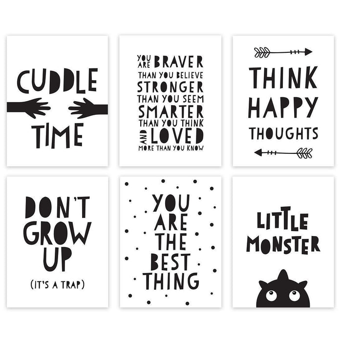 Minimalist Scandinavian Black White Theme Nursery Room Wall Art-Set of 6-Andaz Press-Cuddle Time, You are Braver Than You Believe-