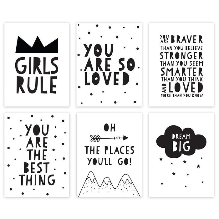 Minimalist Scandinavian Black White Theme Nursery Room Wall Art-Set of 6-Andaz Press-Girls Rule, Oh The Places You'll Go-