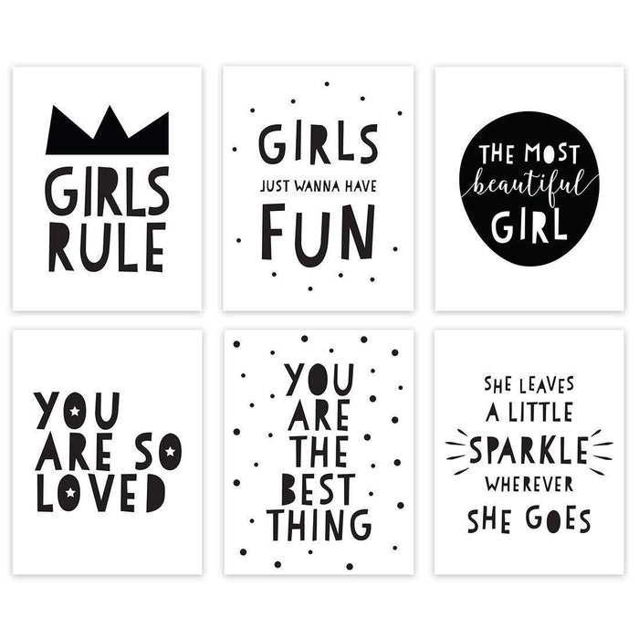 Minimalist Scandinavian Black White Theme Nursery Room Wall Art-Set of 6-Andaz Press-Girls Rule, Sparkle Wherever She Goes-