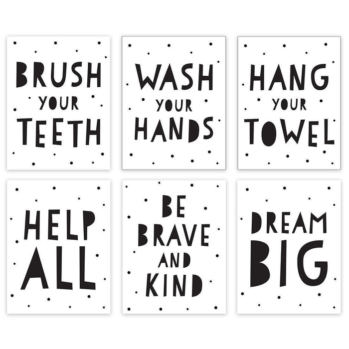 Minimalist Scandinavian Black White Theme Nursery Room Wall Art-Set of 6-Andaz Press-Wash Your Hands, Hang Your Towel, Brush Your Teeth-