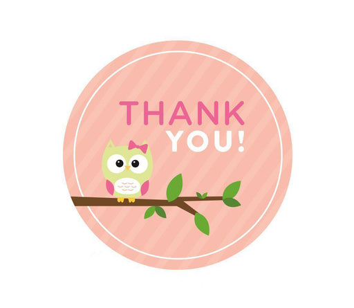 Modern Owl Girl Baby Shower Round Label Stickers-Set of 40-Andaz Press-Thank You-