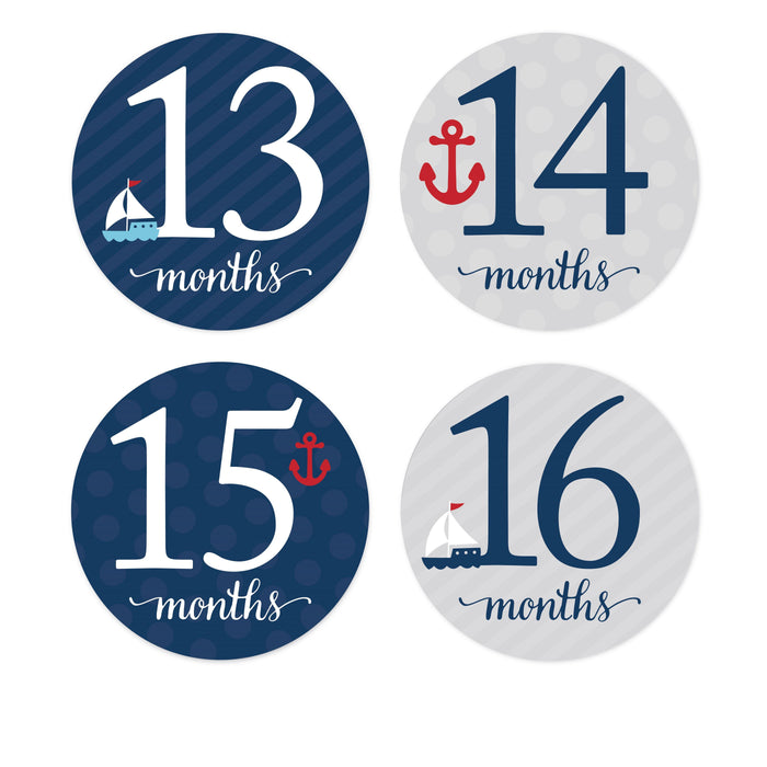 Nautical Baby Shower Pregnancy Baby Belly Milestone Label Stickers-Set of 20-Andaz Press-