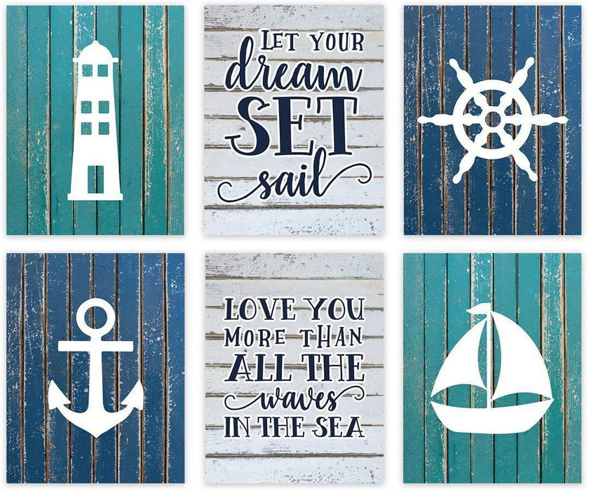 Nautical Theme Nursery Hanging Wall Art, Blue Aqua Rustic Wood, Let Your Dreams Set Sail-Set of 6-Andaz Press-