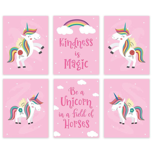 Nursery Girls Room Wall Art, Follow Your Dreams, Pink, Unicorn Graphics-Set of 6-Andaz Press-