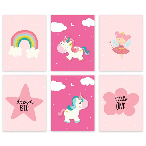 Nursery Girls Room Wall Art, Pink Lavender, Dream Big Little One, Unicorn Graphic-Set of 6-Andaz Press-