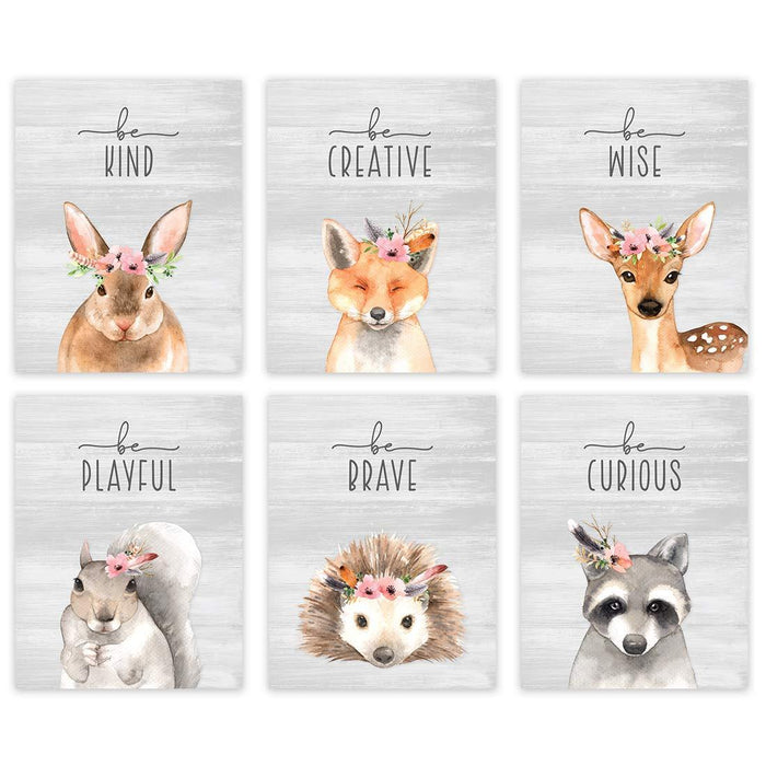 Nursery Girls Room Wall Art-Set of 6-Andaz Press-Inspirational Floral Roses Woodland Forest Animals Rabbit Fox Deer Hedgehog Raccoon-