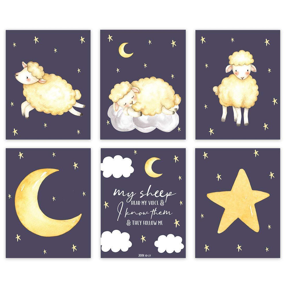 Nursery Nerdy Geeky Room Wall Art, Sleepy Sheep, Stars, My Sheep Hear my Voice, and I know them, and they follow me-Set of 6-Andaz Press-