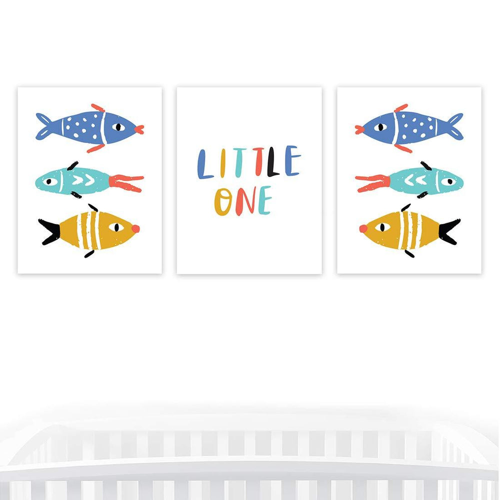 Nursery Room Inspirational Wall Art, Boho Fish Little One-Set of 3-Andaz Press-