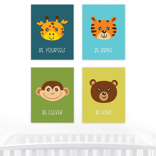 Nursery Room Inspirational Wall Art, Jungle Forest Animals, Giraffe Tiger Monkey Bear-Set of 4-Andaz Press-