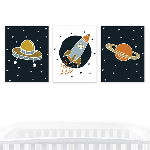 Nursery Room Wall Art, Astronaut Star Galaxy Theme, UFO, Spaceship, Planet Graphics-Set of 3-Andaz Press-