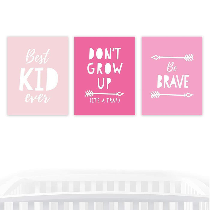 Nursery Room Wall Art, Best Kid Ever, Don't Grow Up, Be Brave, Pink-Set of 3-Andaz Press-