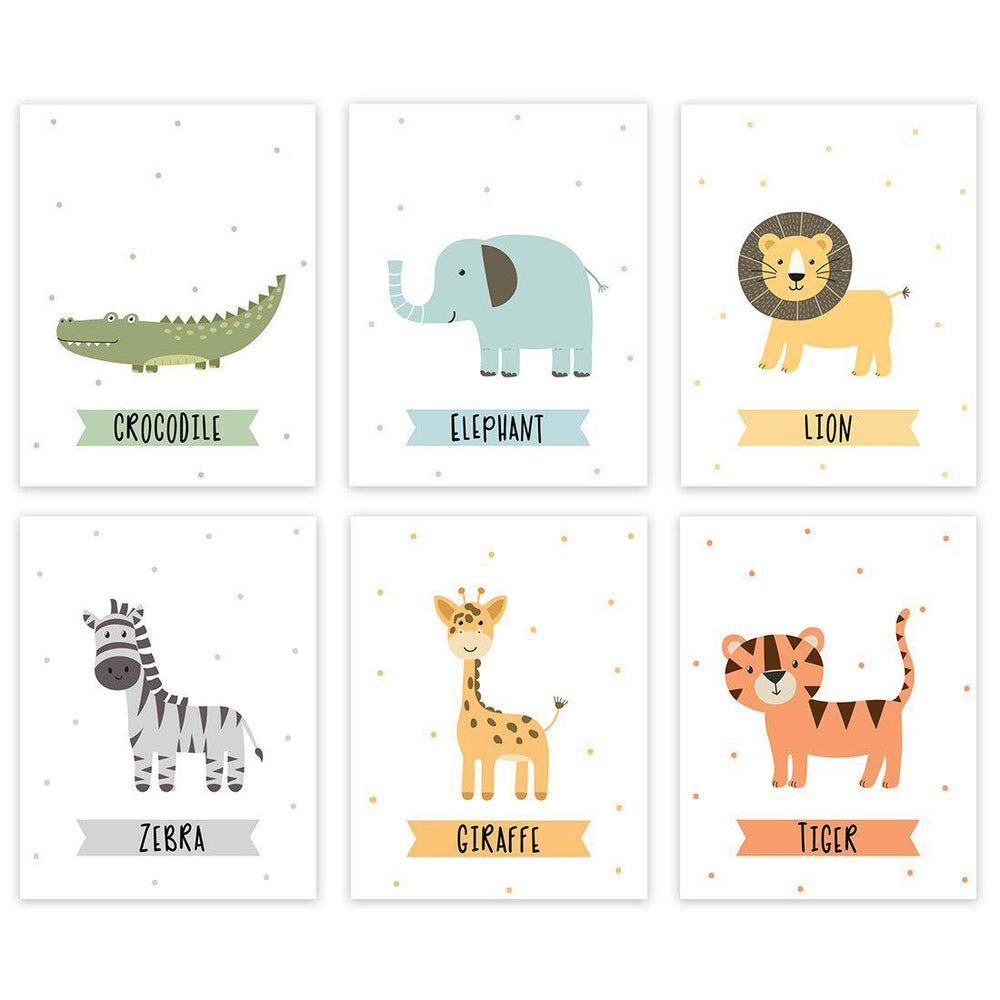 Nursery Room Wall Art, Jungle Safari Animals Lion Zebra Giraffe Tiger Crocodile Elephant-Set of 6-Andaz Press-