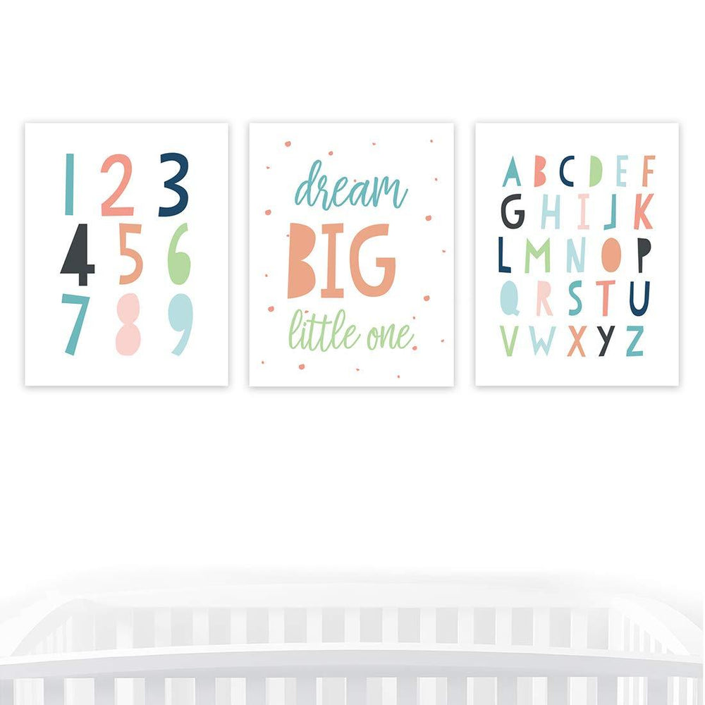 Nursery Room Wall Art, Minimalist Modern Alphabet Numbers Dream Big-Set of 3-Andaz Press-