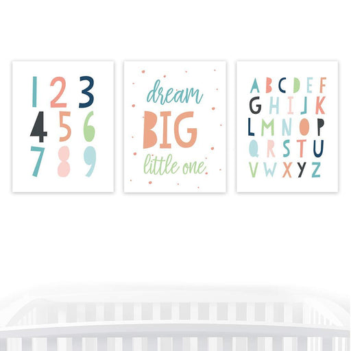 Nursery Room Wall Art, Minimalist Modern Alphabet Numbers Dream Big-Set of 3-Andaz Press-