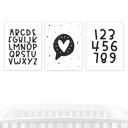 Nursery Room Wall Art, Minimalist Scandinavian Black White Alphabet Numbers, Graphic-Set of 3-Andaz Press-