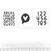 Nursery Room Wall Art, Minimalist Scandinavian Black White Alphabet Numbers, Graphic-Set of 3-Andaz Press-