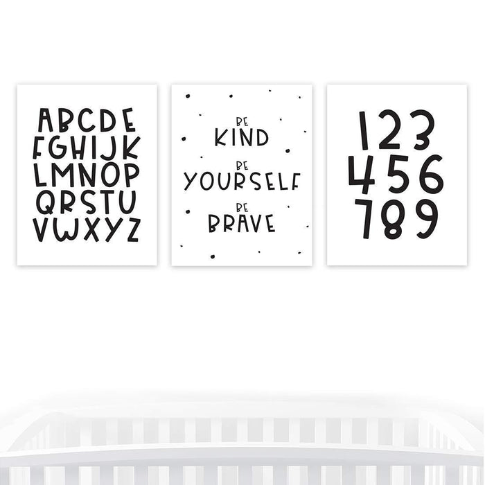 Nursery Room Wall Art, Minimalist Scandinavian Black White Alphabet Numbers-Set of 3-Andaz Press-