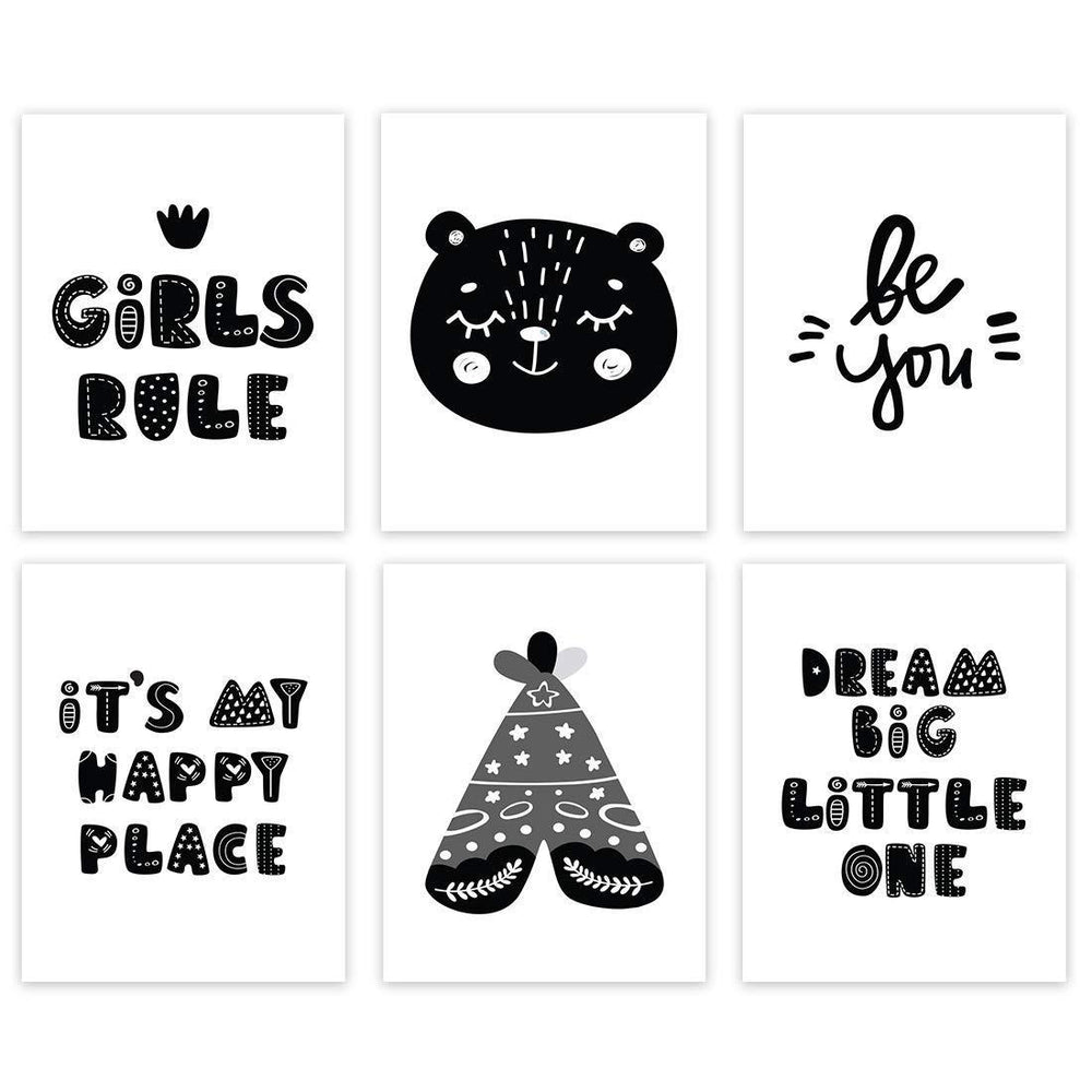 Nursery Room Wall Art, Minimalist Scandinavian Black White, Girls Rule Dream Big Little One-Set of 6-Andaz Press-